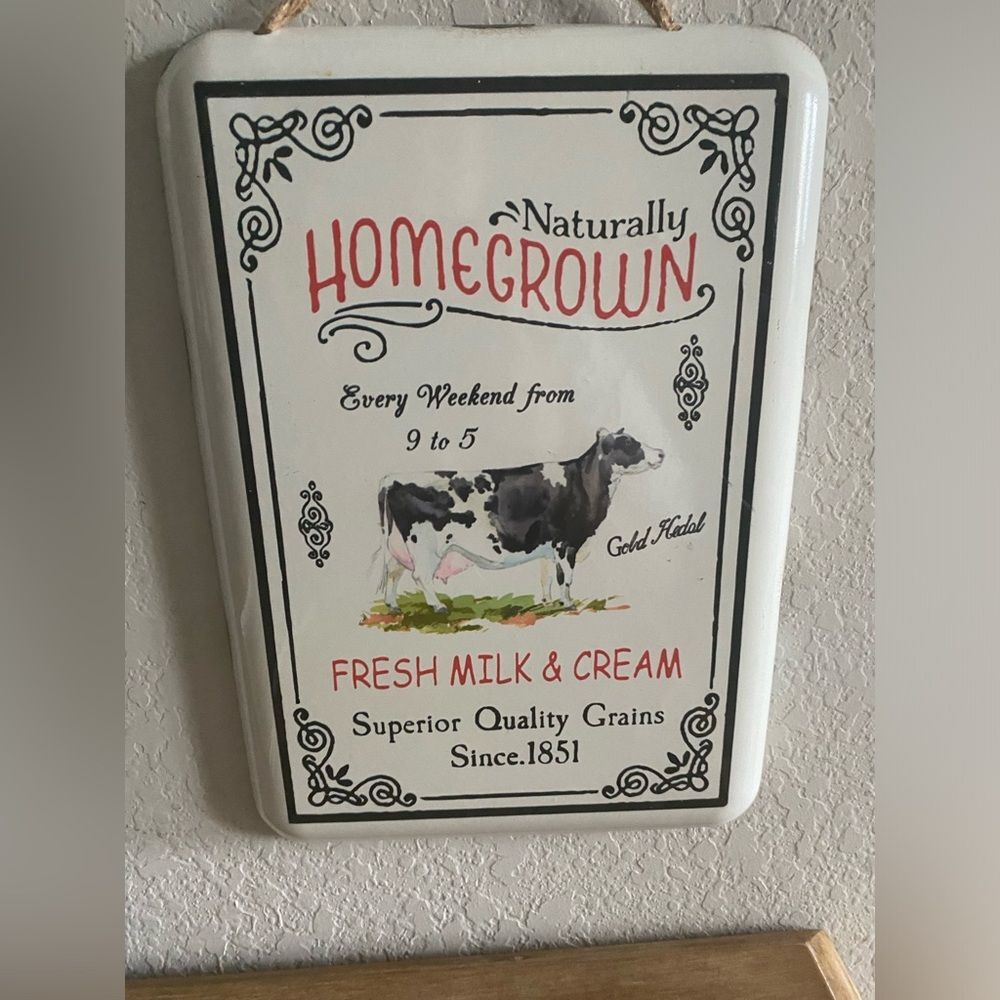 Farmhouse Distressed Metal White Homegrown Cow Sign Rope Hanger Wall Decor 12x8